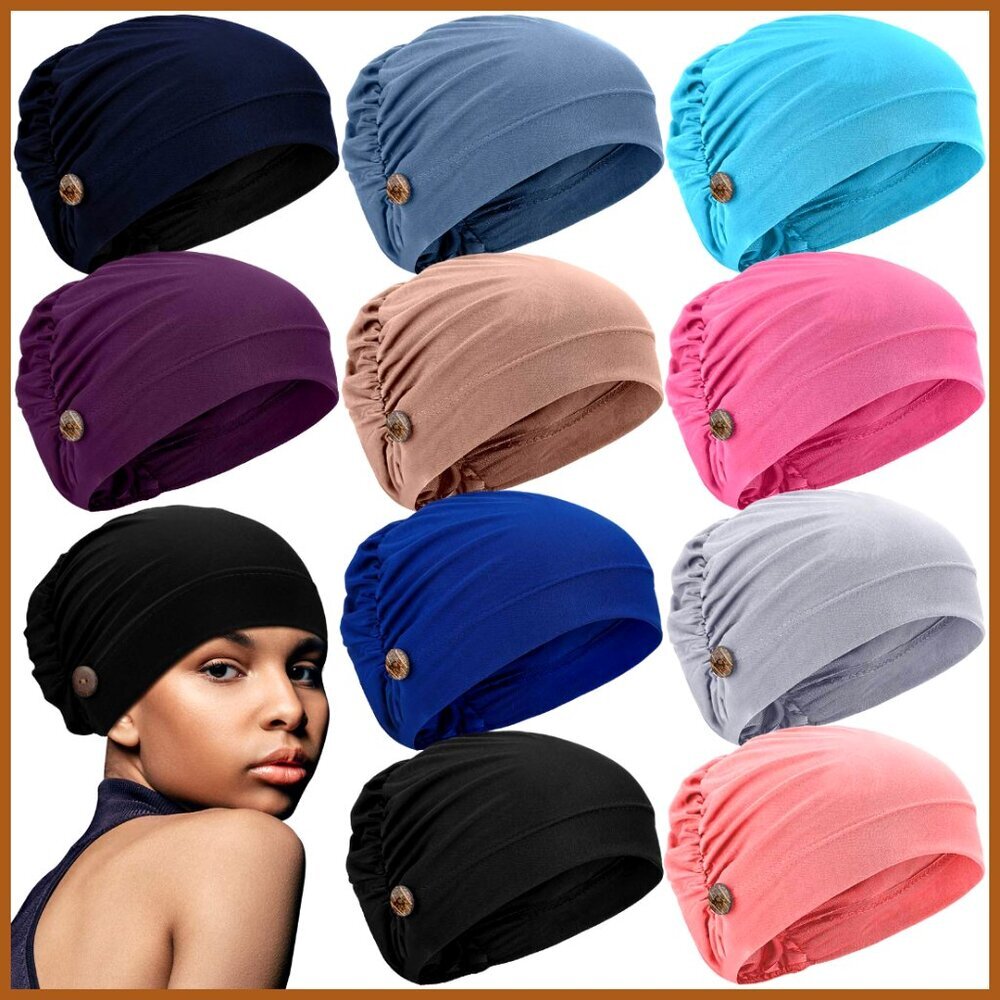 Soft Bouffant Caps with Buttons, Stretchy Headband Turban, Polyester Fabric